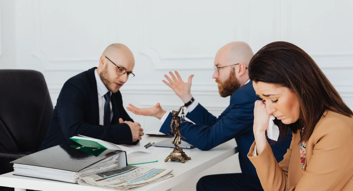 A woman appears distressed while two lawyers converse in an office.