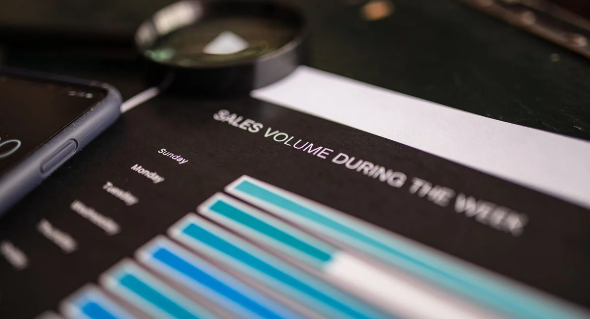 A close-up shot of a sales volume chart highlighting weekly stats with a magnifying glass and cellphone.