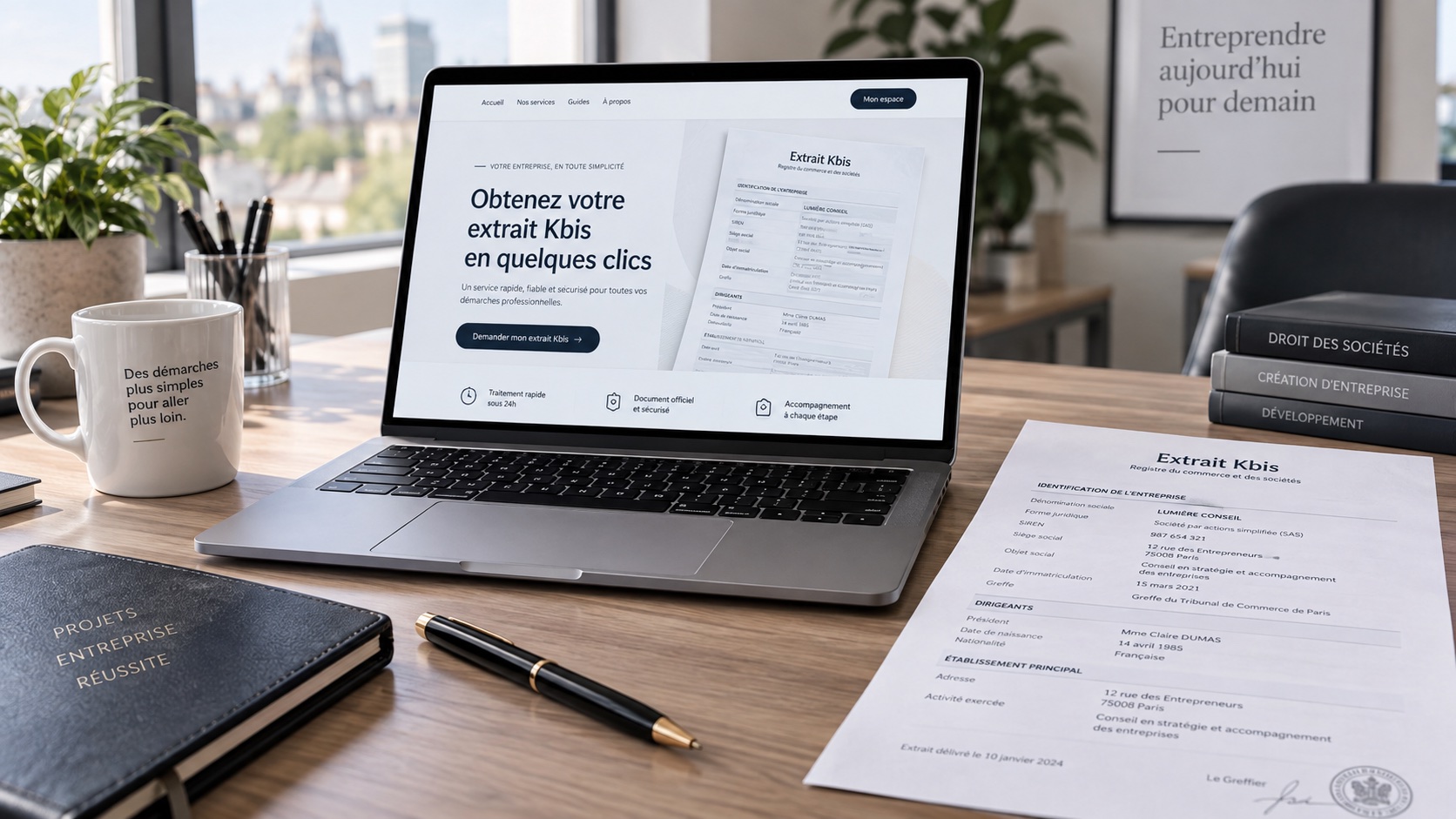 Bureau moderne avec un ordinateur et une illustration d’extrait Kbis
